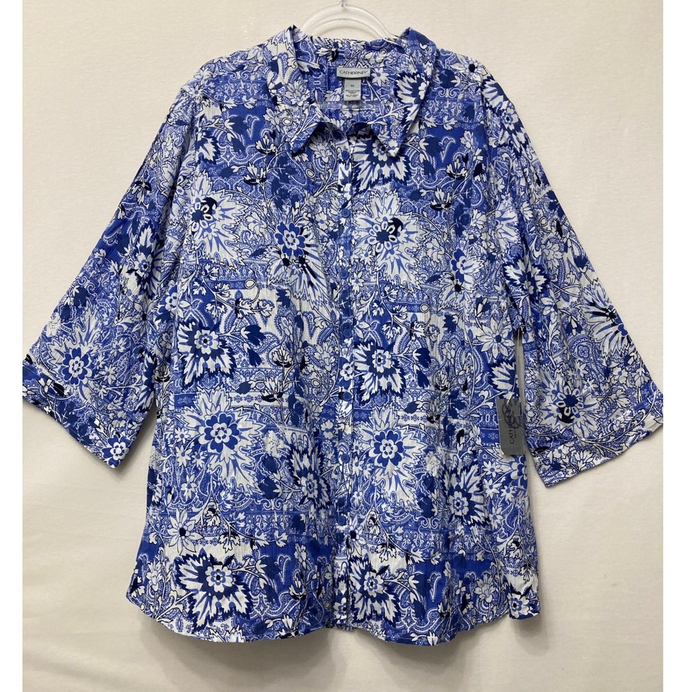 New Catherines Button Down Shirt 4X Blue Floral Artsy Cotton 3/4 Sleeve Top